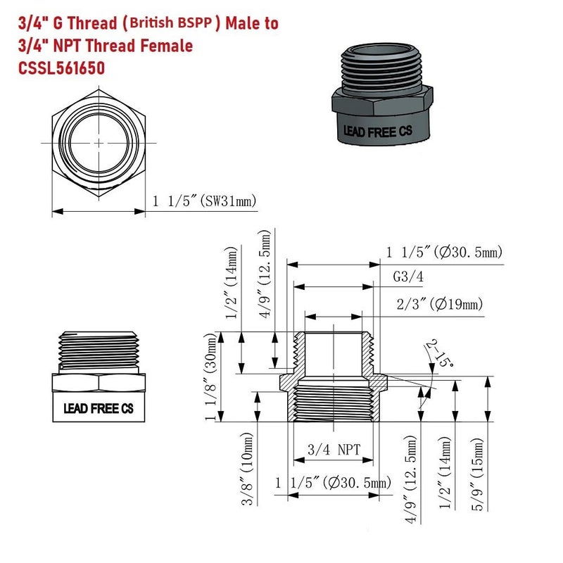 Cascada Showers G Thread (British BSPP) Male to NPT Thread Female Pipe Fitting Adapter - Lead-Free Adapter (3/4 inch) - Image 2